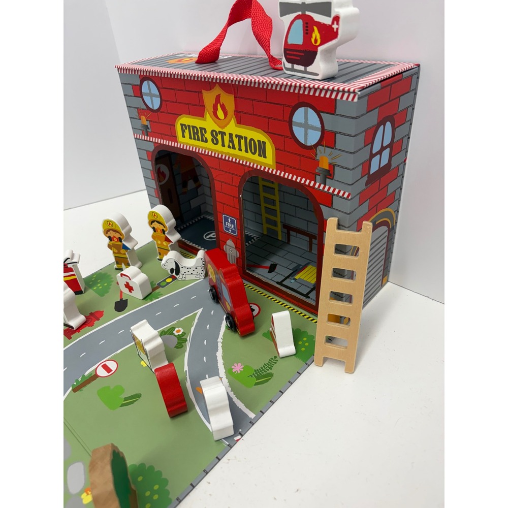 Mud Pie Fire Station Wood Play Set House Story Box Kids Toy Portable Carry Case - Picture 2 of 6